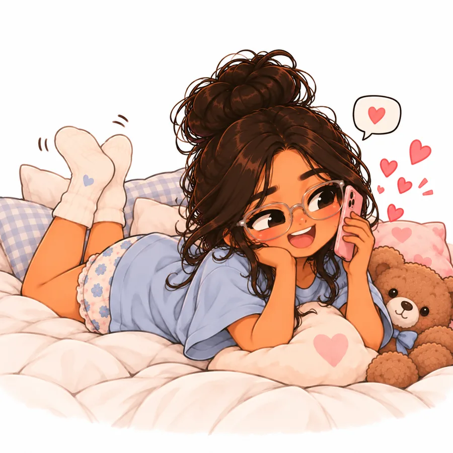 Chibi you in your messy bun, on your bed, giggling on a call with me