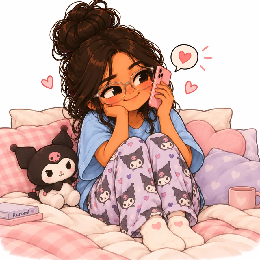 Chibi you in full-length Kuromi pajamas, hair in a bun, on your bed