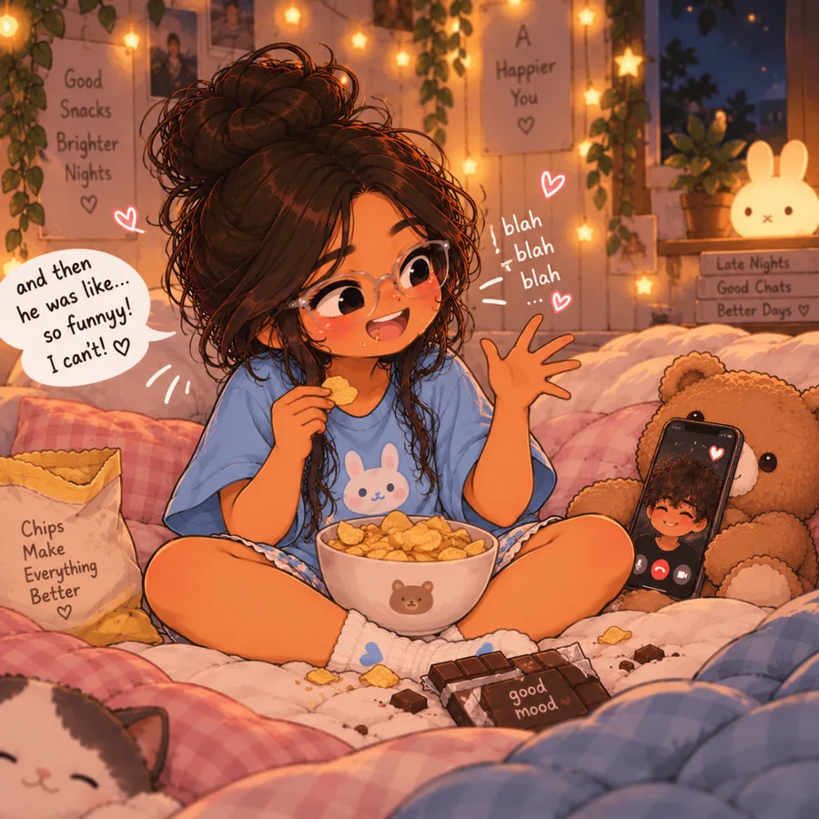 Chibi you snacking on your bed on call with me