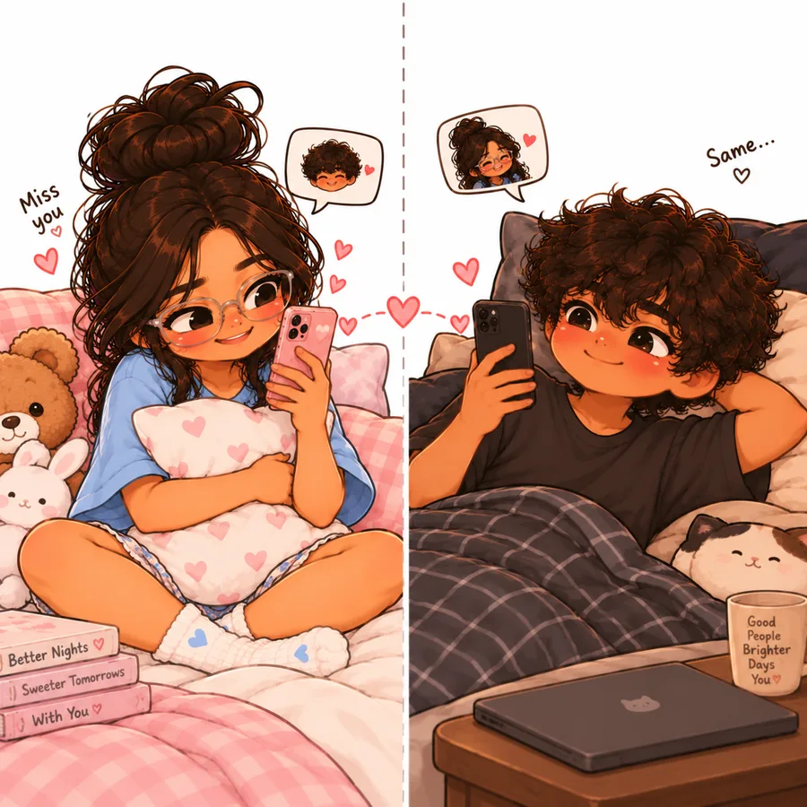 Chibi us on a video call, each on our own bed