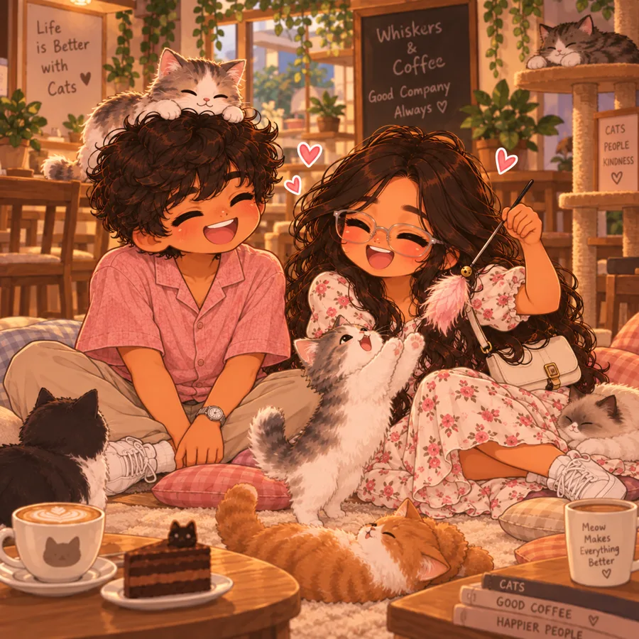 Chibi us playing with cats at the cat café