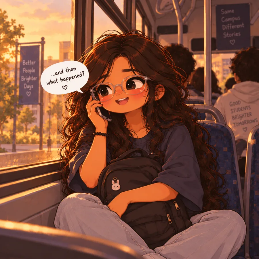 Chibi you on the university bus after class, on a call with me