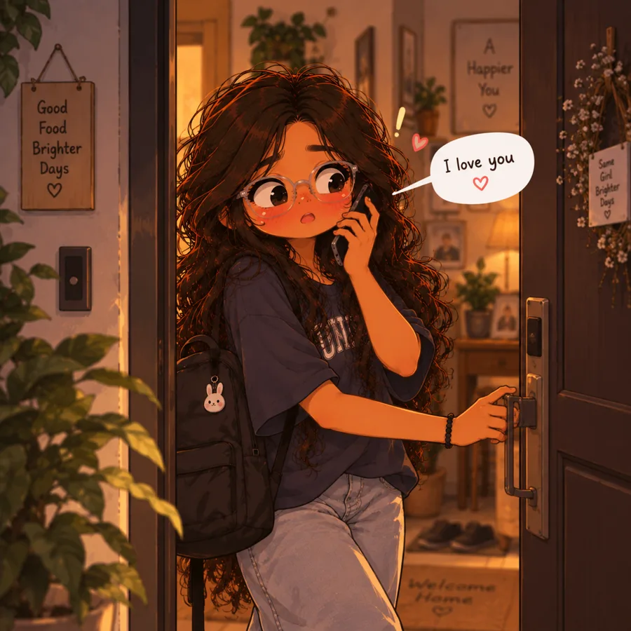 Chibi you at your front door, frozen, as I say I love you on the phone