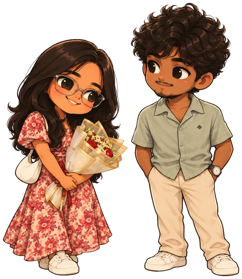 Chibi us: you holding a bouquet, me looking at you